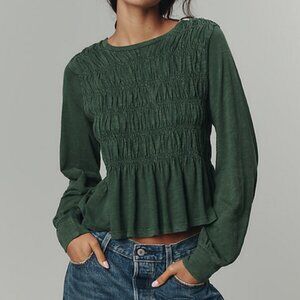 Pilcro Long-Sleeve Smocked Top Anthropologie Pullover Ruffle Green S